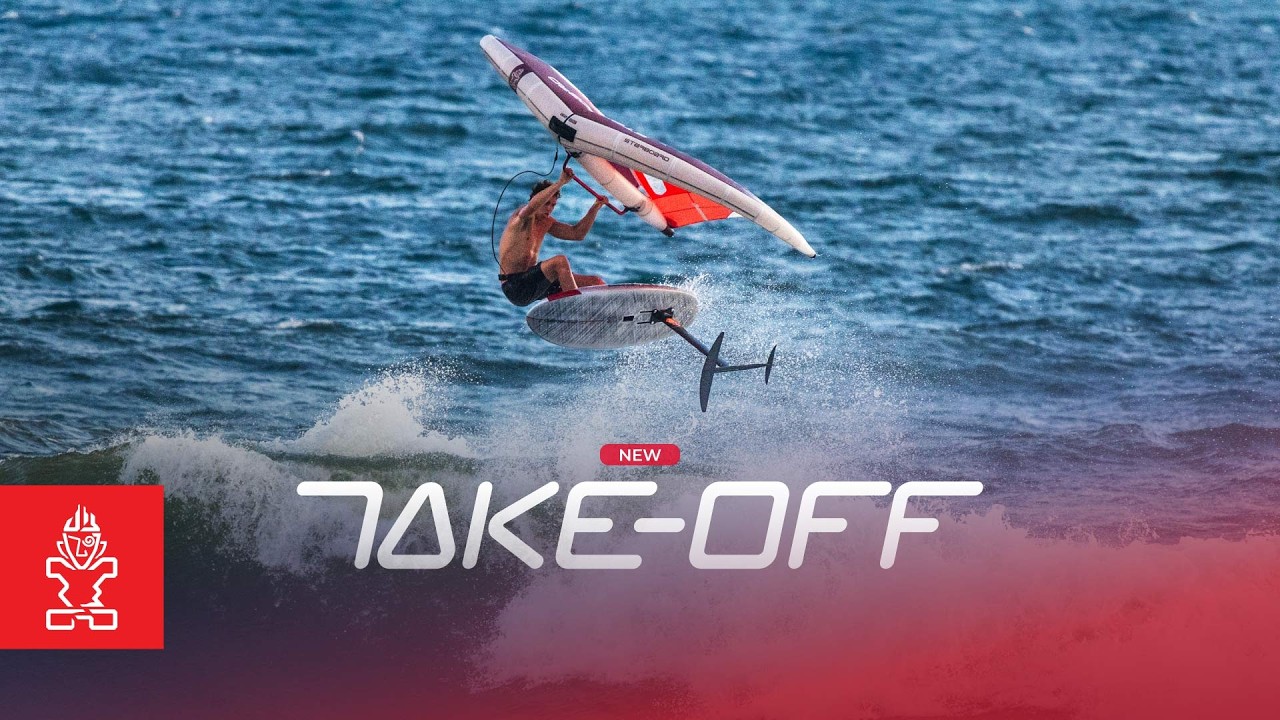 파도 위에서 윙포일로 점프하는 라이더와 새 TAKE OFF 로고