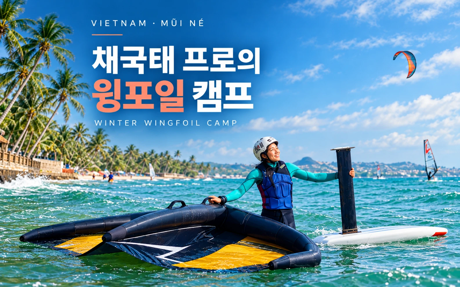 무이네 해변의 채국태 프로와 윙포일 장비, 채국태 프로의 윙포일 캠프 문구를 담은 가로형 썸네일