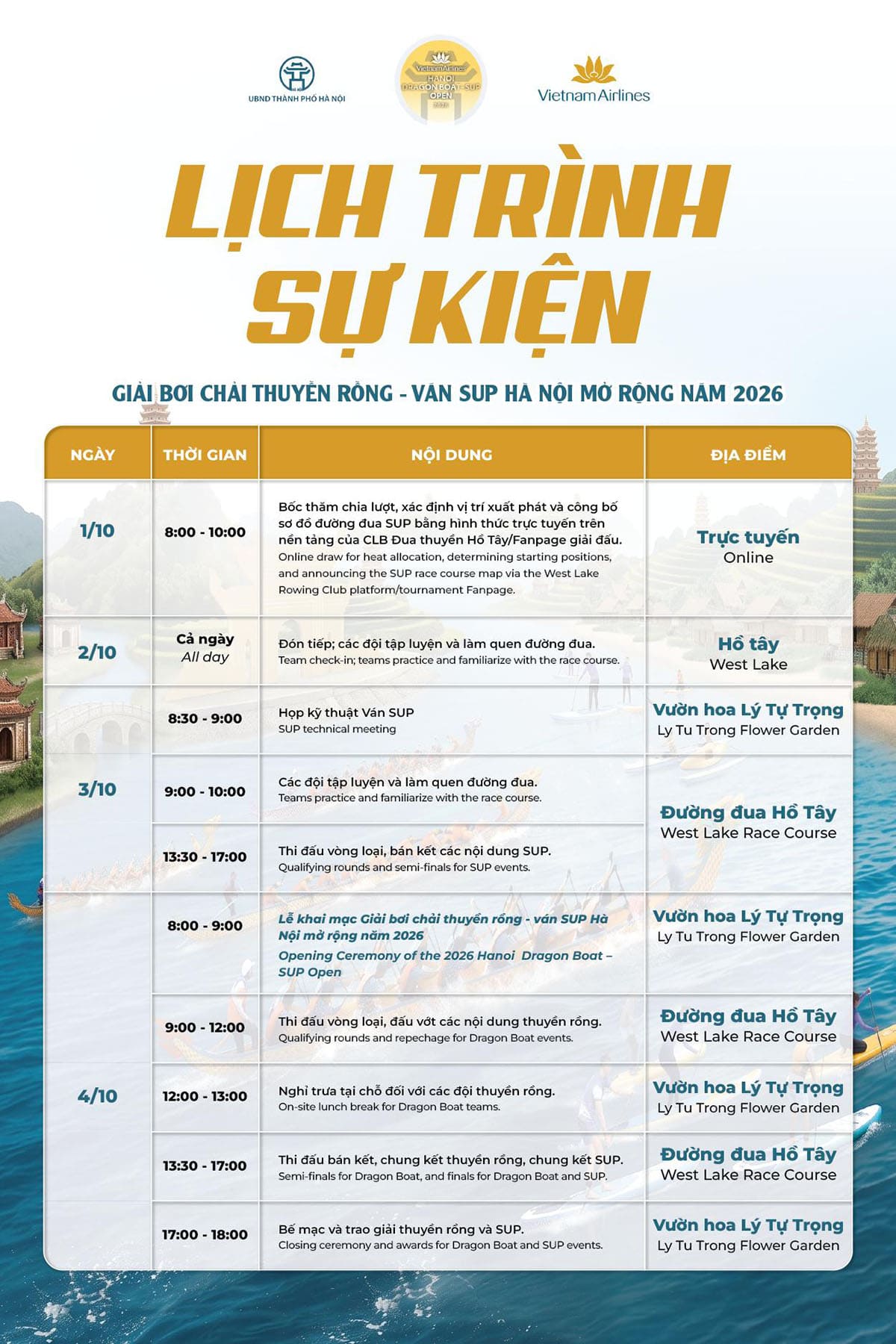2026 하노이 드래곤보트·SUP 오픈 공식 예정 일정표. 10월 1일 사전 온라인 일정부터 10월 4일 시상식까지.