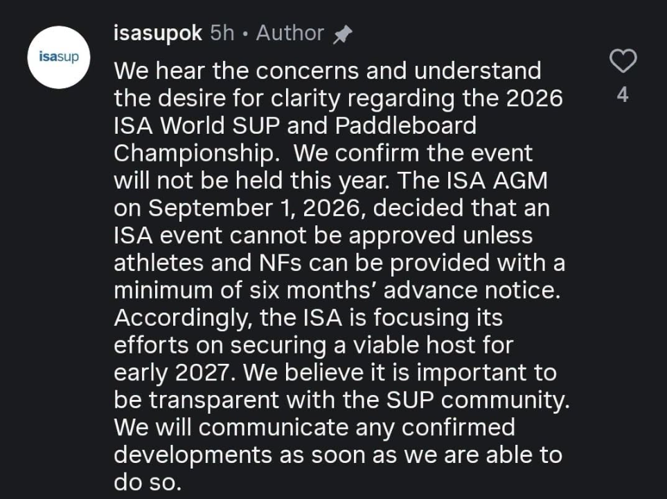 ISA SUP 계정 isasupok의 댓글 캡처. 2026년 미개최, 최소 6개월 사전 통지 조건과 2027년 초 개최지 확보 추진을 설명한다.