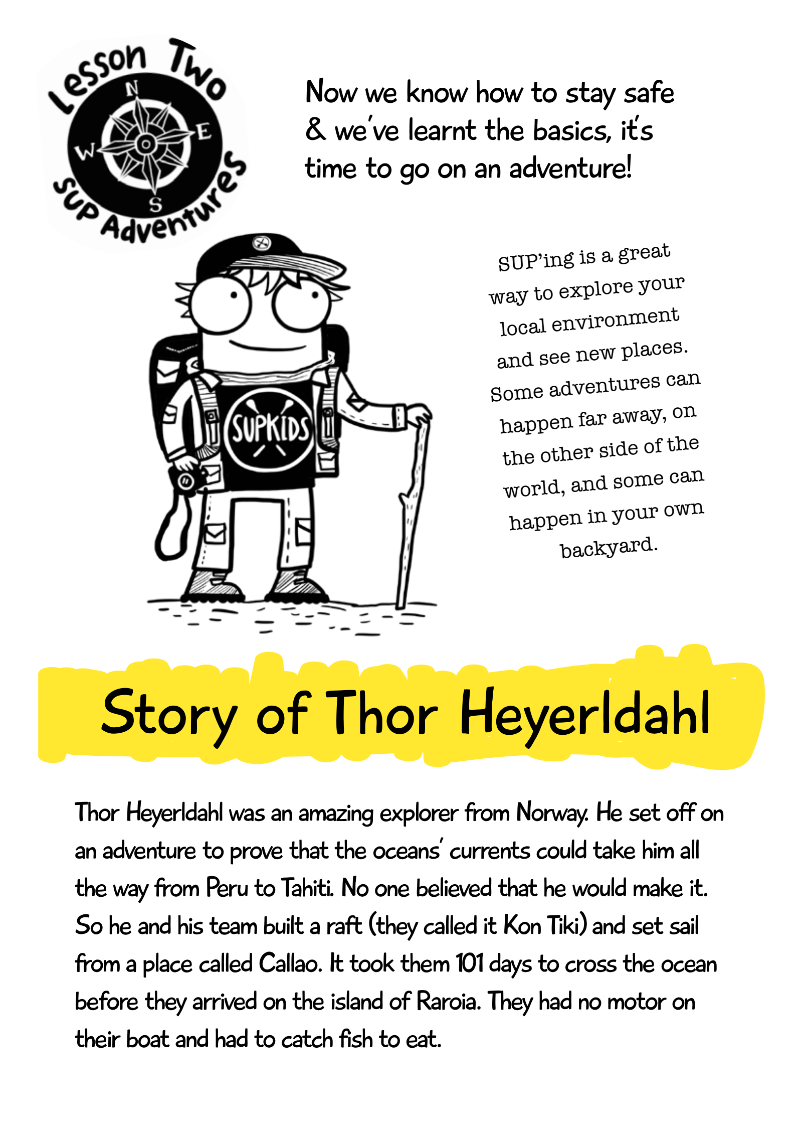 Original English workbook page with a SUPKids character dressed as an explorer and the story of a Norwegian explorer's Kon Tiki voyage, in English