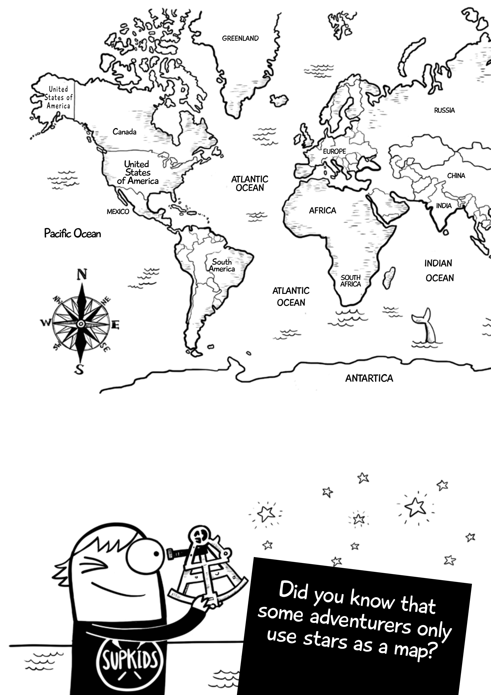 Original English workbook page: a world map with continent and ocean names in English and a SUPKids friend looking at the stars