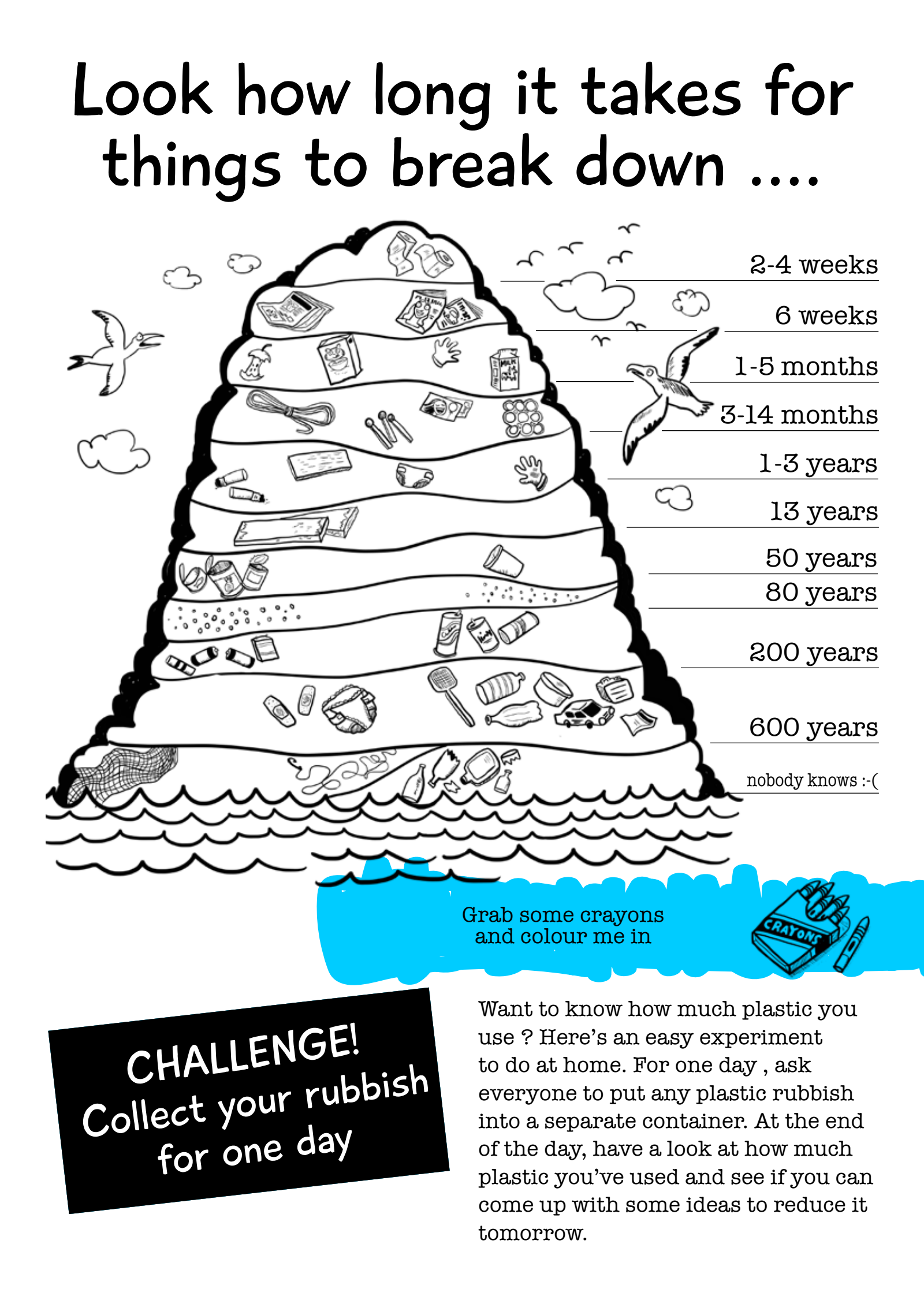 Original English workbook page showing how long thrown-away things take to break down and a one-day plastic challenge, with English text