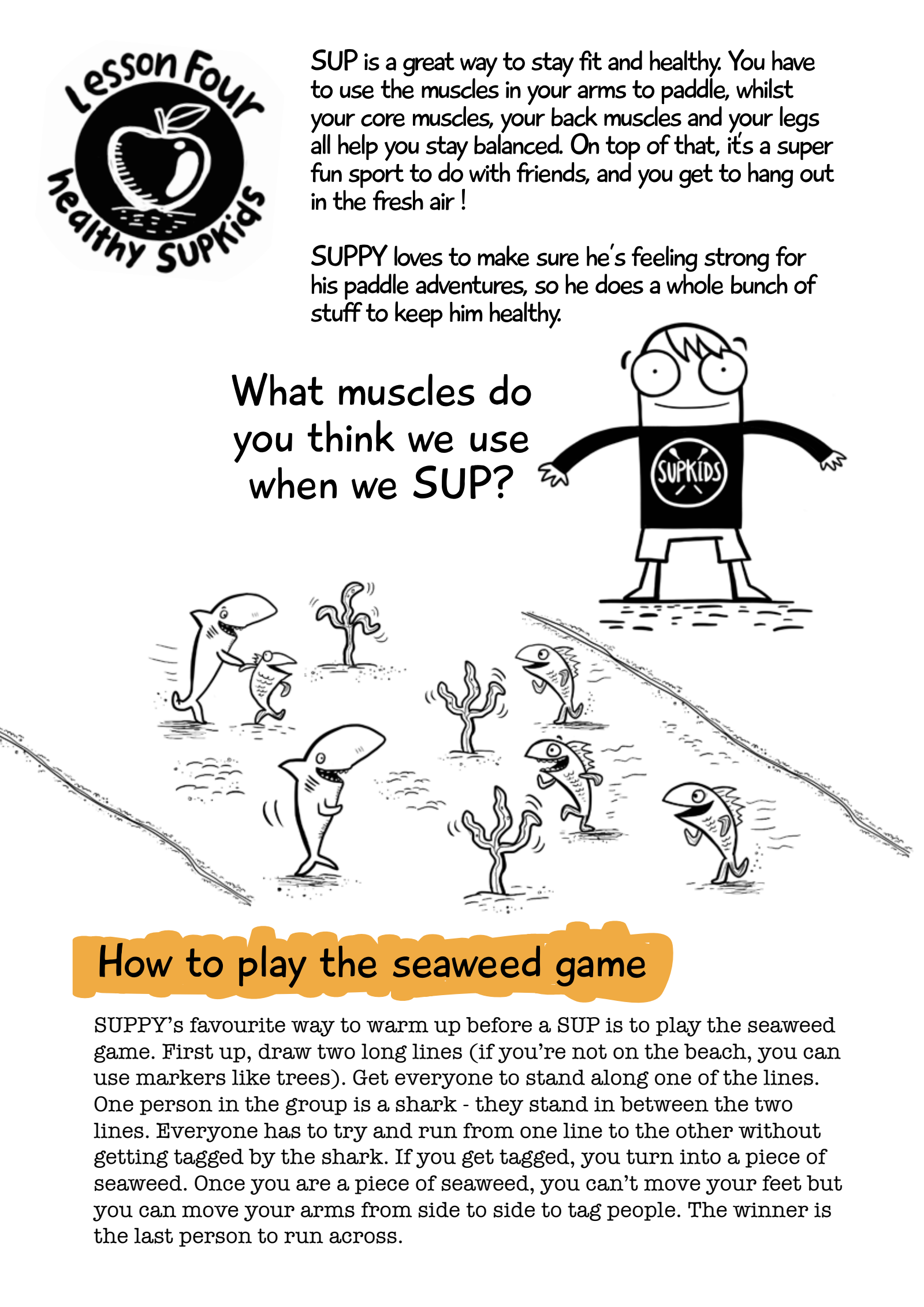 Original English workbook illustration of the body parts used for balance and a warm-up game where a shark tags players who turn into seaweed, with English text
