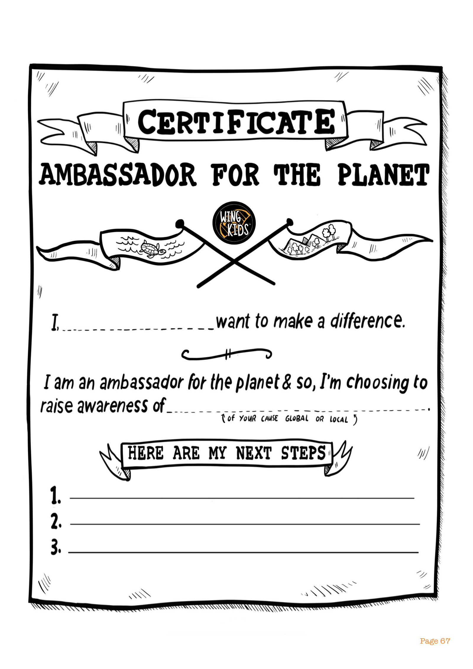 Original English workbook certificate: Ambassador for the Planet, with crossed flags showing the sea and the land and the WingKids logo, and English blanks for your name, your cause and three next steps.