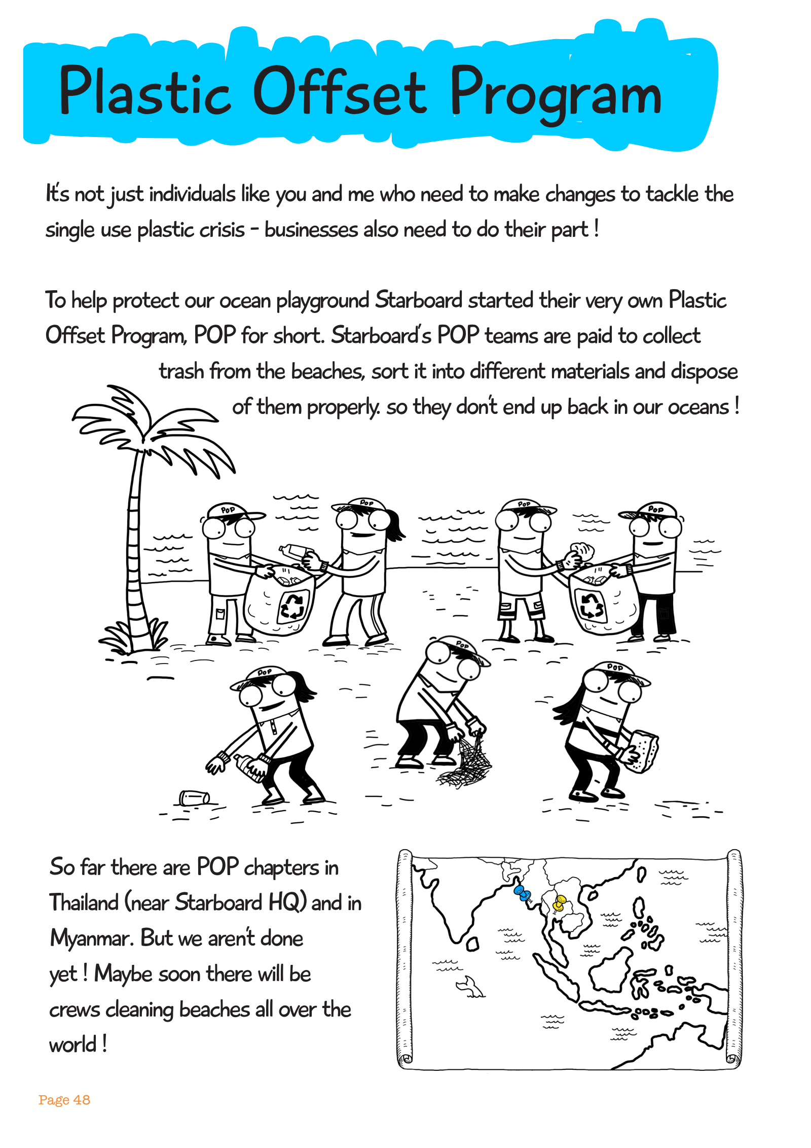 Original English workbook page: a POP team in caps picking up bottles, nets and other trash on a beach, and a map with pins in Thailand and Myanmar, with English text about Starboard's Plastic Offset Program at the time.