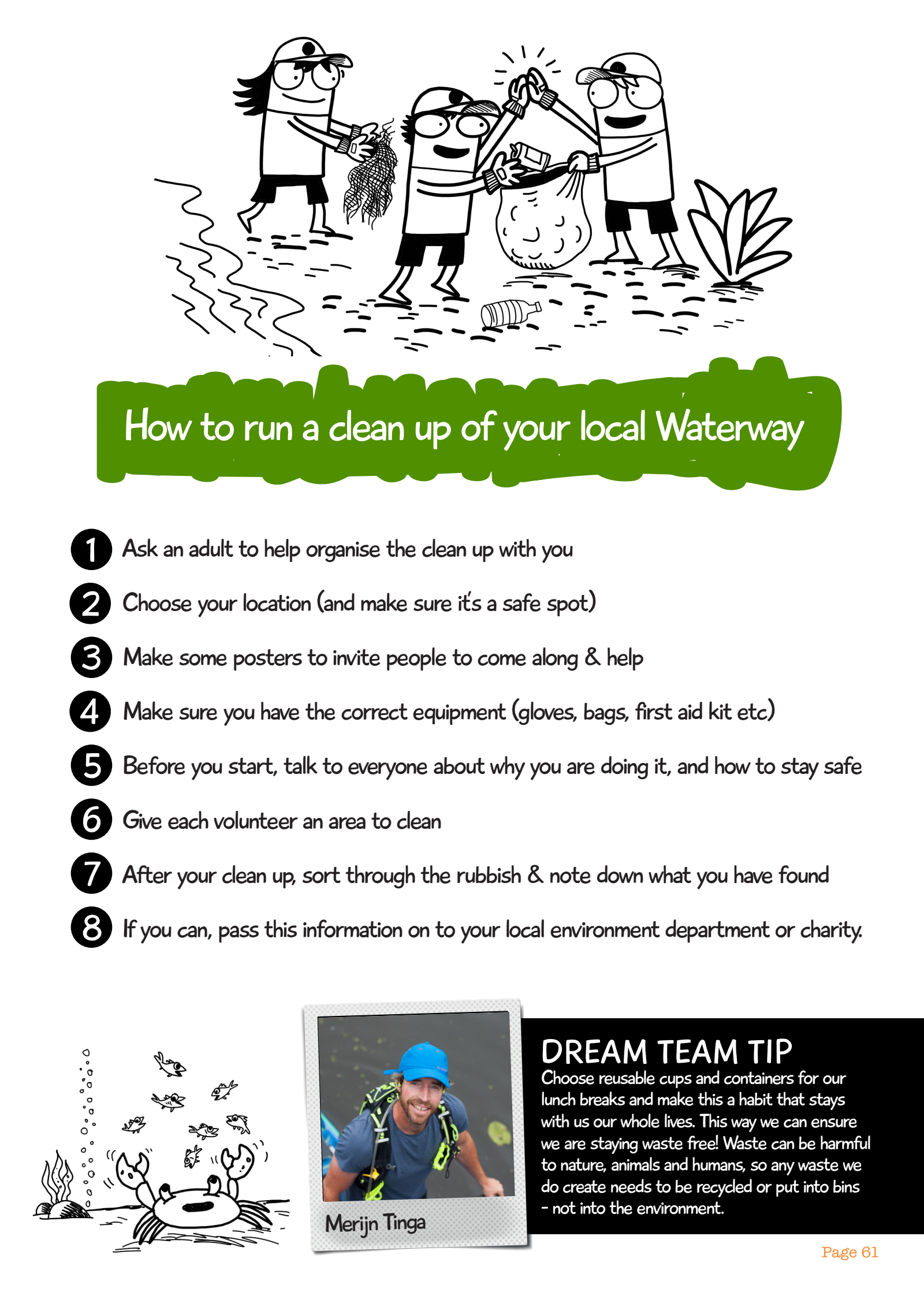 Original English workbook page: three friends in caps collecting trash by the water, eight numbered English steps for running a cleanup, and a Dream Team tip from Merijn Tinga.