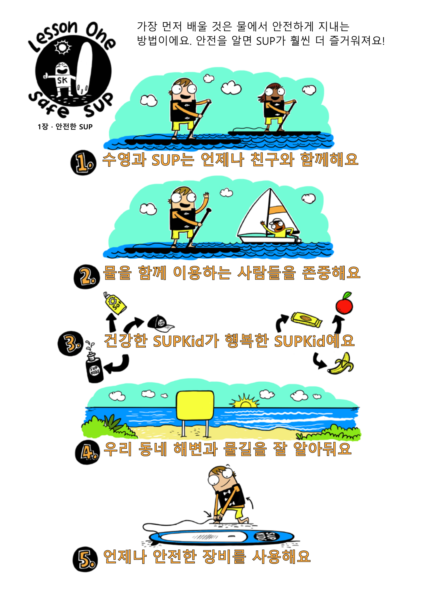 친구와 함께 타기, 다른 이용자 존중, 건강, 장소와 장비 점검을 보여 주는 원본 그림과 한국어 설명