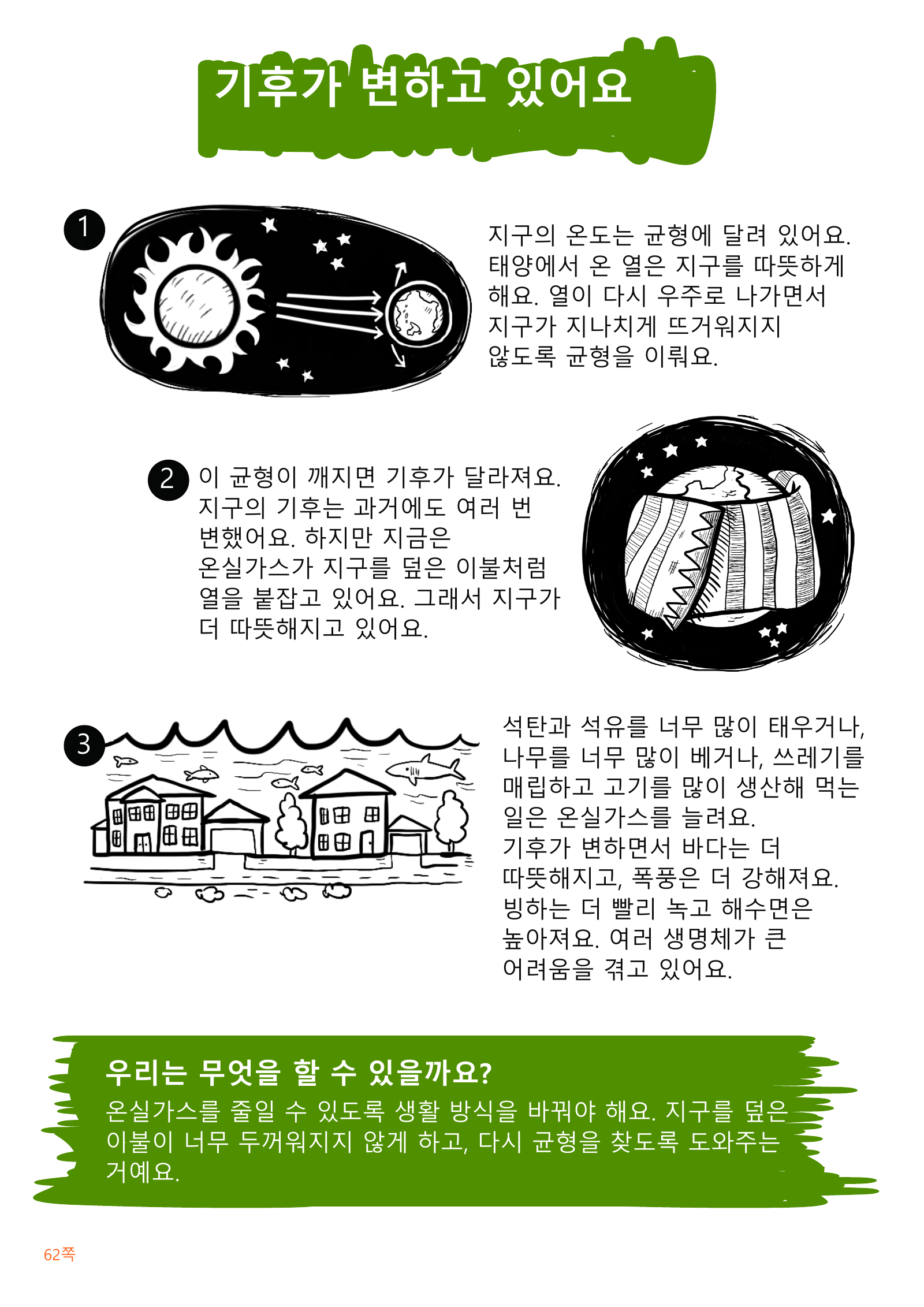 태양의 열과 지구의 균형, 온실가스의 이불 효과와 생활에서 배출을 줄이는 이유를 설명한 한글 도해