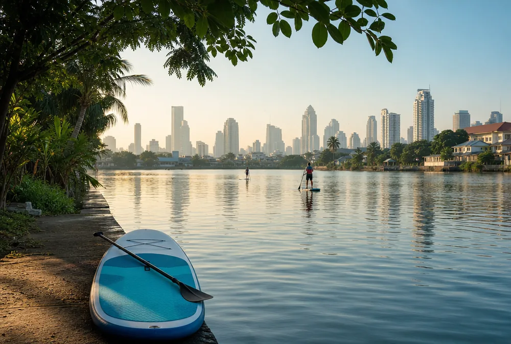 Image inspired by Bangkok's canals, greenery and cityscape