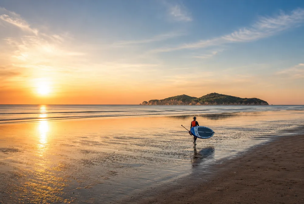 Image of Dadaepo's wide sandy beach and sunset
