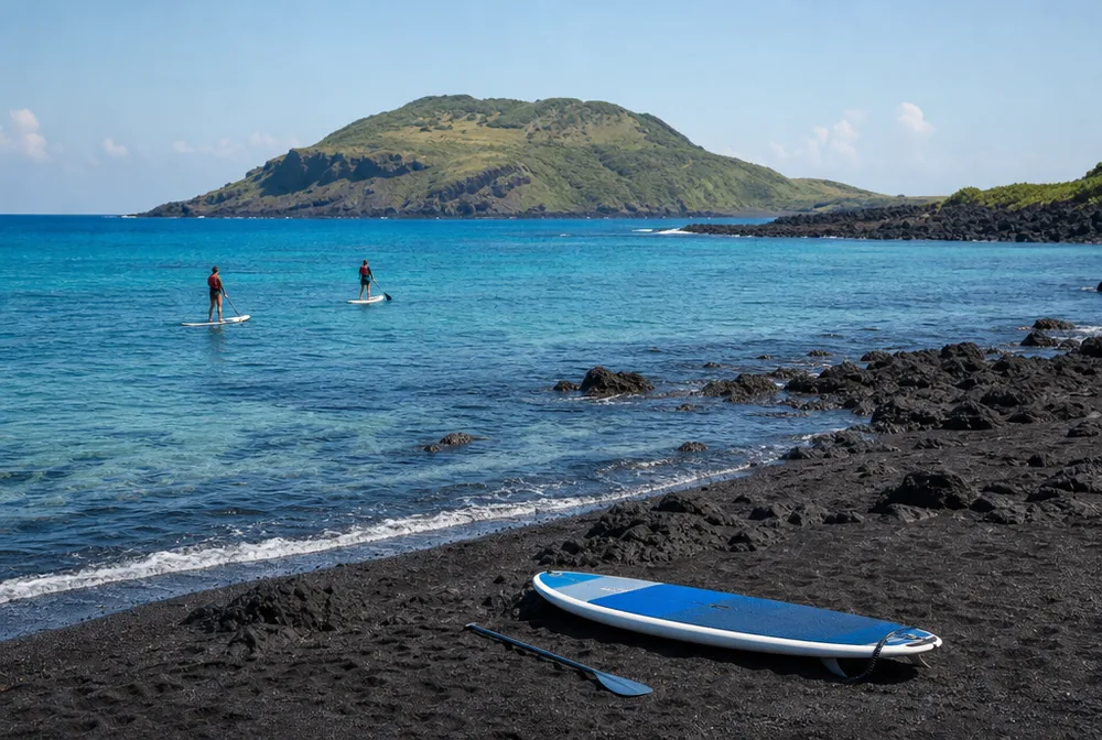 Image of Jeju's black sand, basalt rock and blue sea